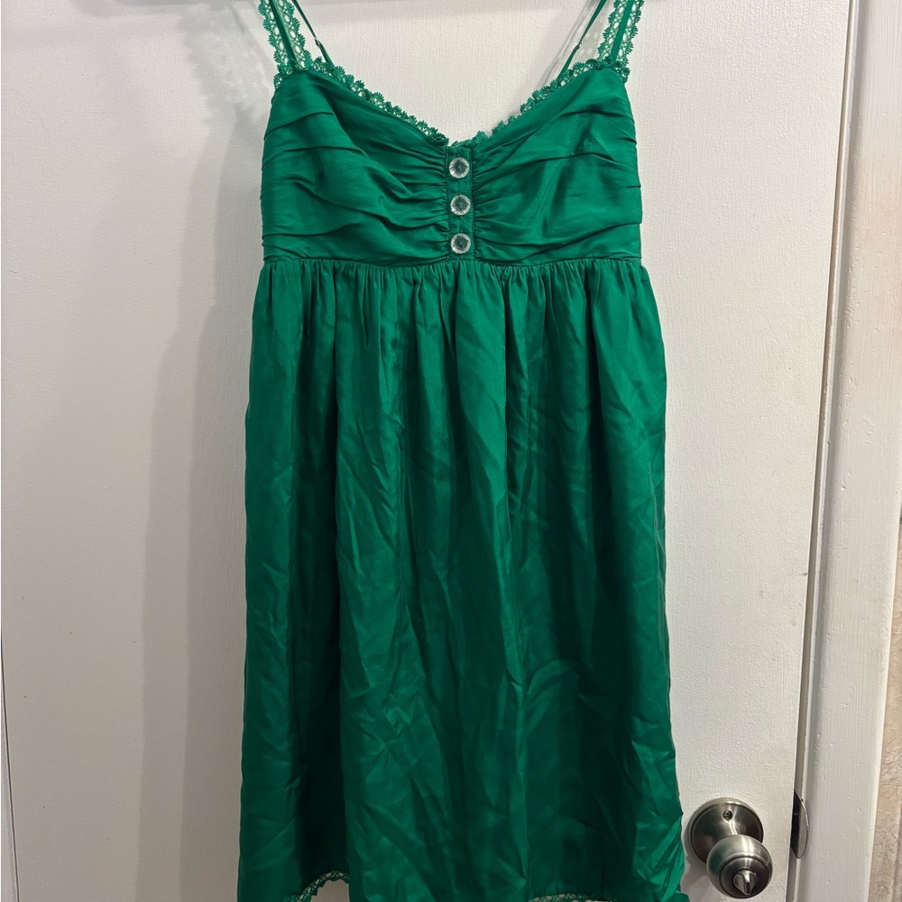 Rare vintage Betsey johnson Green mini dress clear buttons and lace detailing
